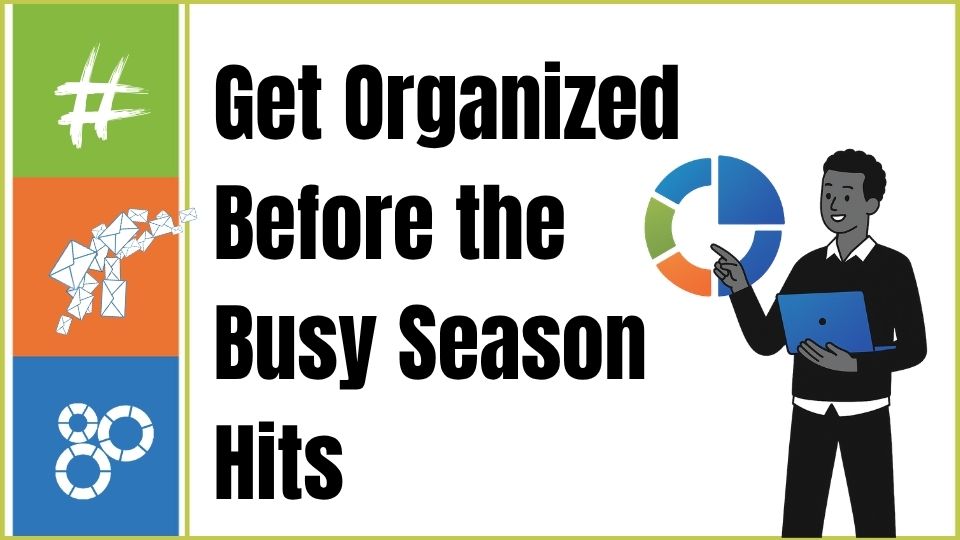 Business owner planning a busy season marketing strategy with a content calendar, email marketing checklist, and social media schedule.