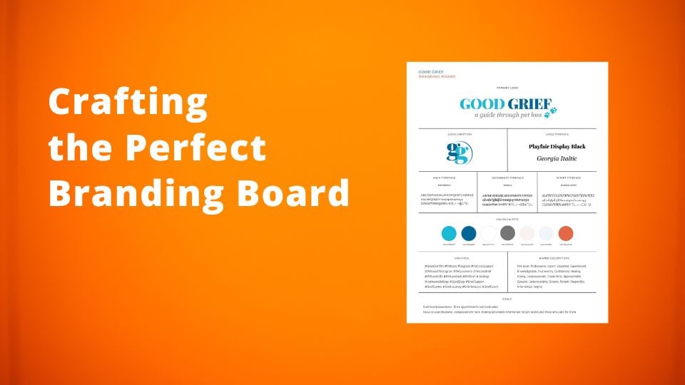 The words 'Crafting the Perfect Branding Board' appear in white text on an orange background. A board showing the brand's logos, colors, and fonts is shown.