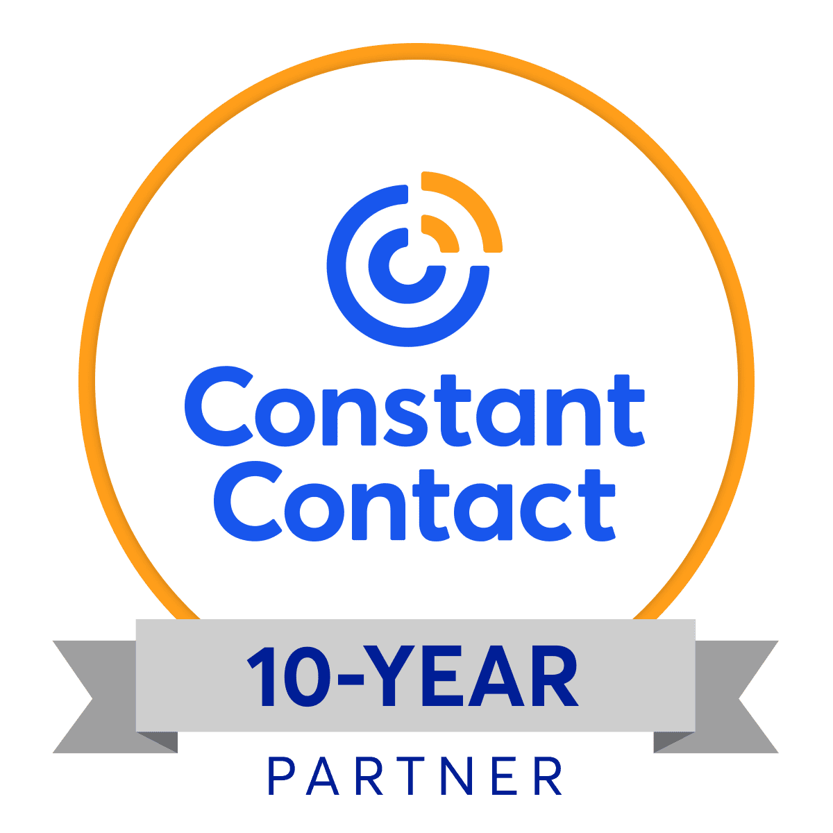 Constant Contact logo surrounded by circle with the banner beneath reading '10-year partner'