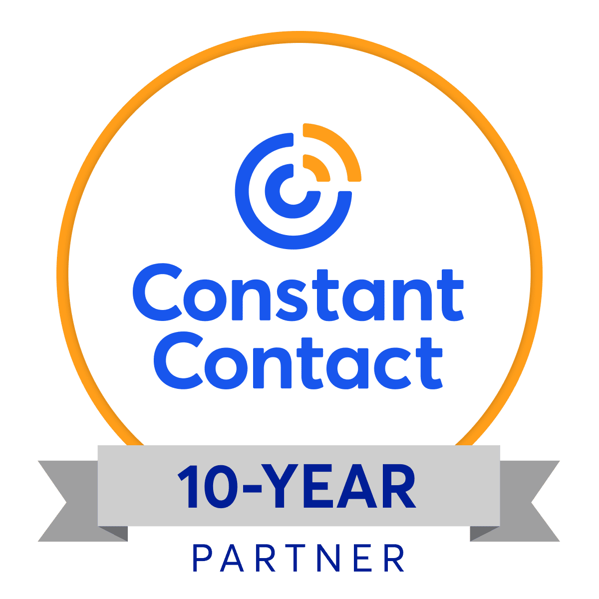 Constant Contact 10-Year Partner Constant Contact logo surrounded by circle with the banner beneath reading '10-year partner'