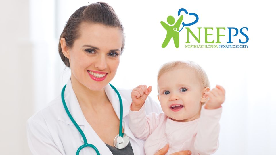 Female pediatrician holds toddler. Northeast Florida Pediatric Society logo overlaid on picture.